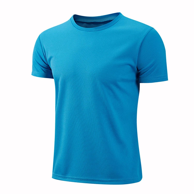 Men's blue quick dry sport t-shirt for running and fitness, made of 100% polyester for breathable comfort.