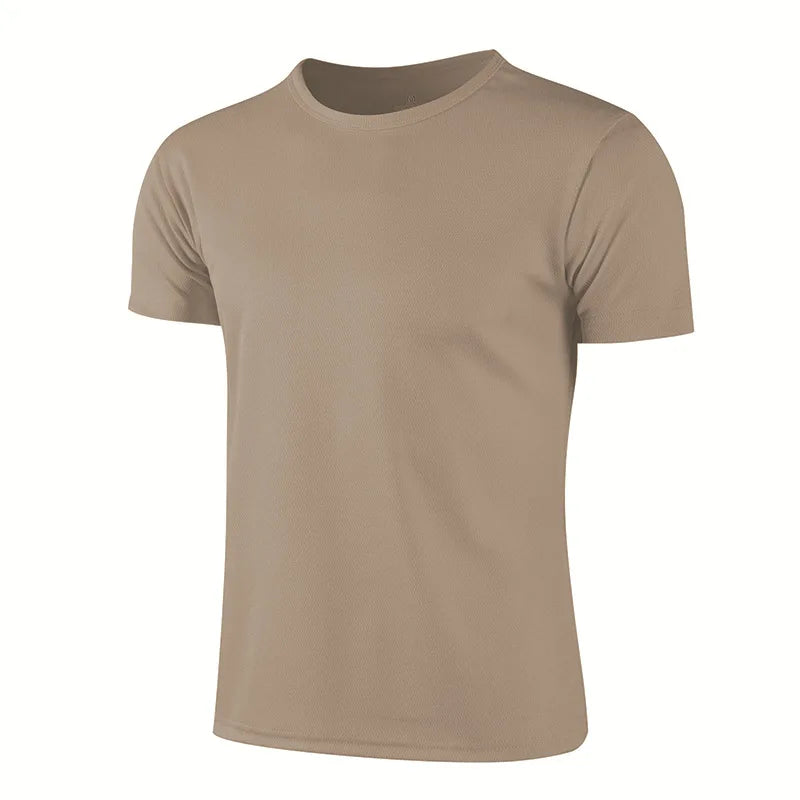 Men's quick dry beige sport T-shirt for running and fitness, made of breathable polyester.