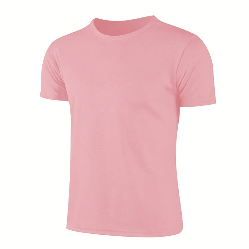 Men's quick dry pink sports t-shirt for running and gym, breathable polyester short sleeve workout shirt.