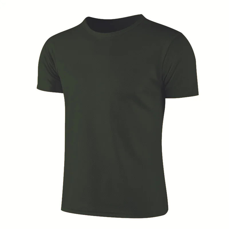 Men's quick dry short sleeve sports t-shirt in dark green for jogging and gym activities.