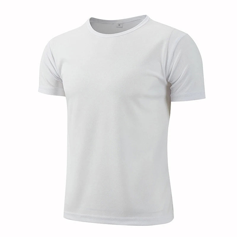 Men's quick dry white sports t-shirt perfect for running and fitness activities, made from 100% polyester.
