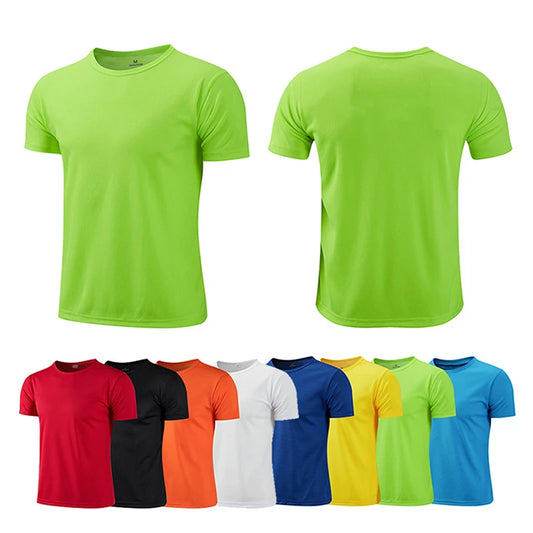 Colorful quick dry running shirts for men, featuring multiple options including green, red, and blue, suitable for fitness and sports.
