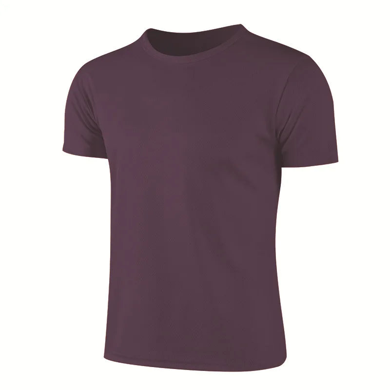 Men's quick dry purple running shirt for sports, gym and jogging, made from breathable polyester.