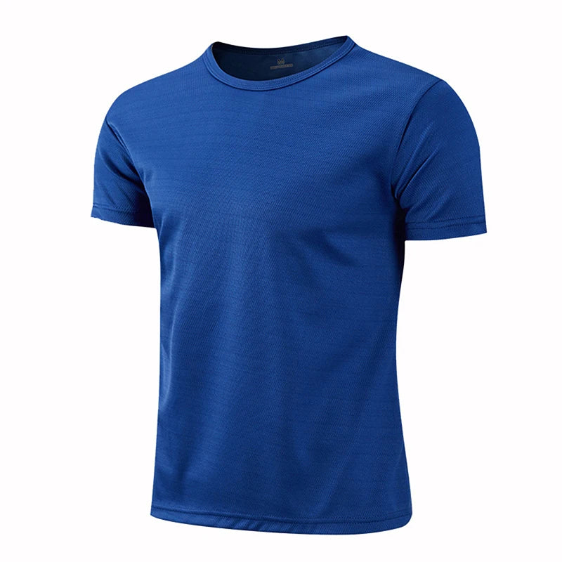 Men's blue quick-dry sports t-shirt, perfect for gym or running, made of 100% polyester, breathable and comfortable.