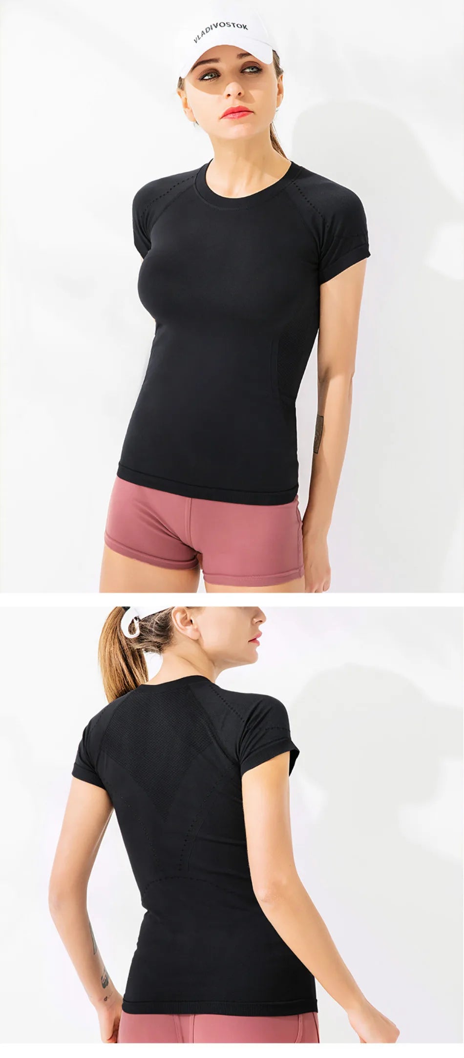 Women wearing a seamless short sleeve gym crop top in black, paired with pink shorts, showcasing front and back views.