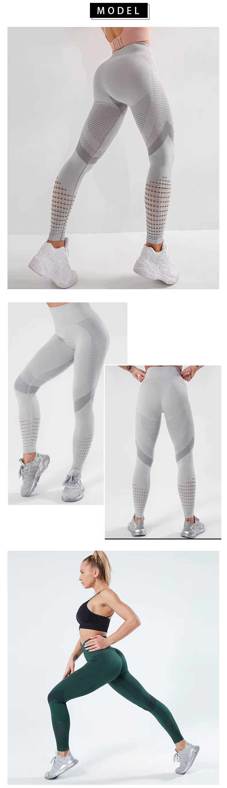 Women wearing high waist seamless leggings in gray and green, showcasing breathability and comfort for workouts.