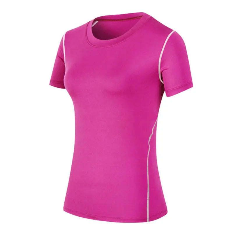 Fitness women's quick drying pink t-shirt designed for high performance and comfort during workouts.