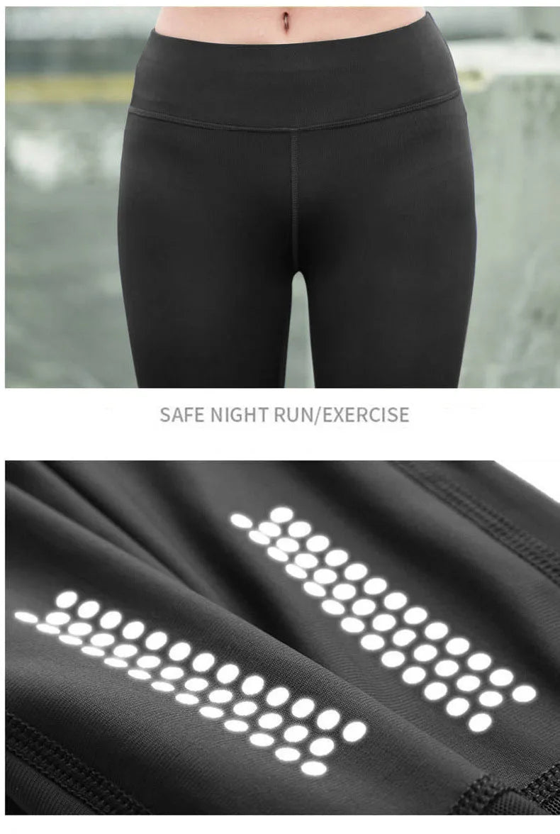 Close-up of seamless high-waist mesh yoga leggings with reflective details for safe night exercise.