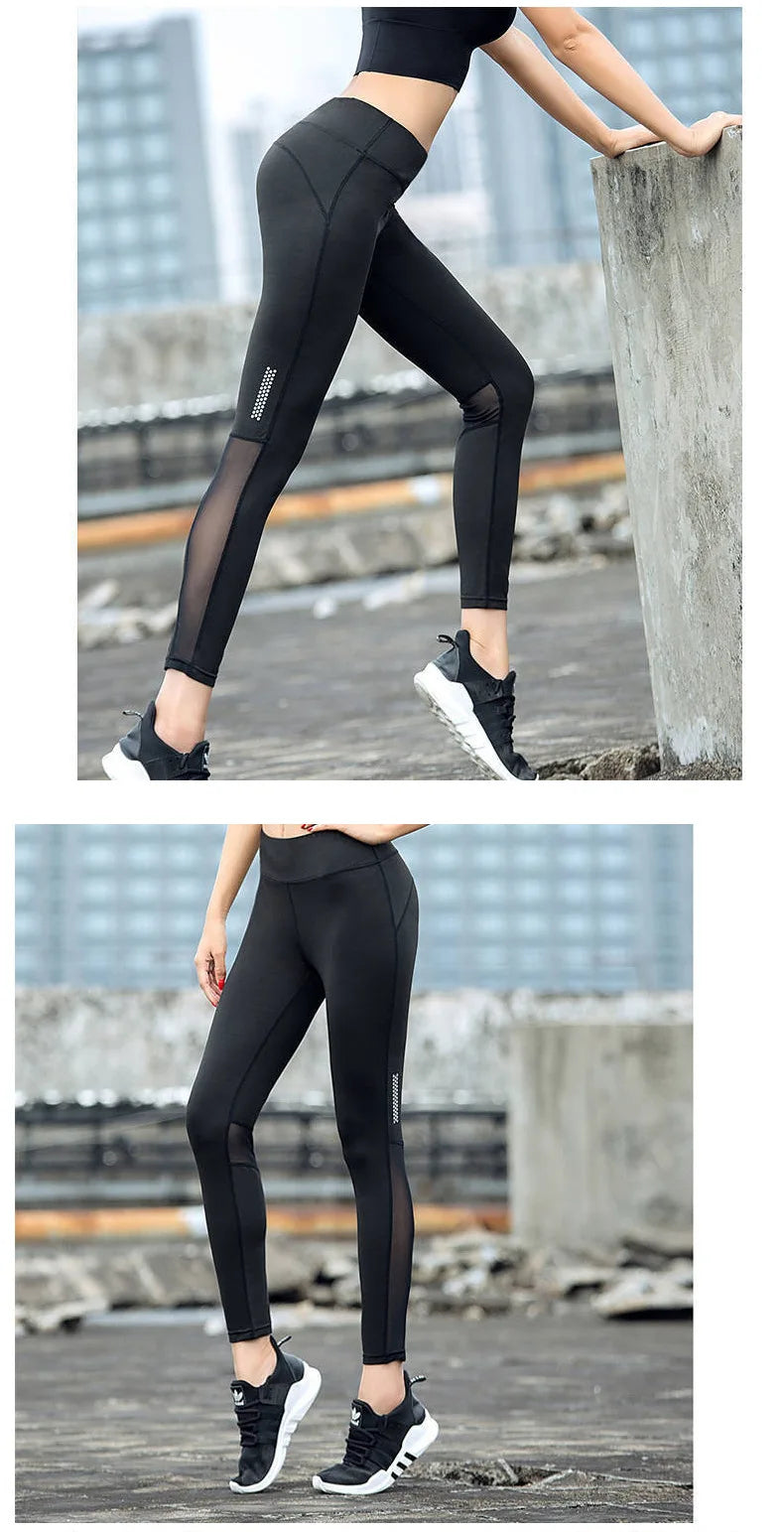 Seamless high-waist mesh yoga leggings in black for women, offering a breathable and stylish workout option.