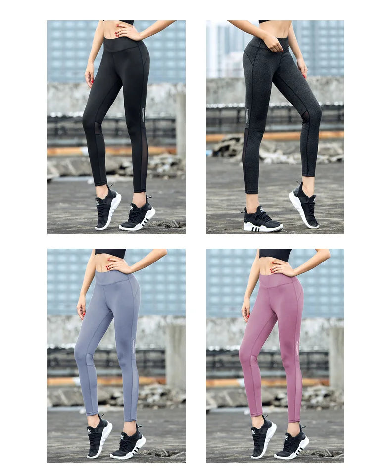 Seamless high-waist mesh yoga leggings in black, gray, purple, and pink, perfect for fitness and stylish workouts.