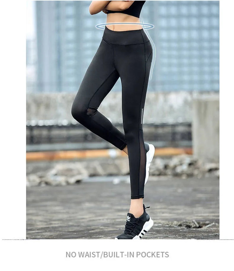 Model wearing seamless high-waist mesh yoga leggings in black, showcasing a sleek, curve-enhancing design.