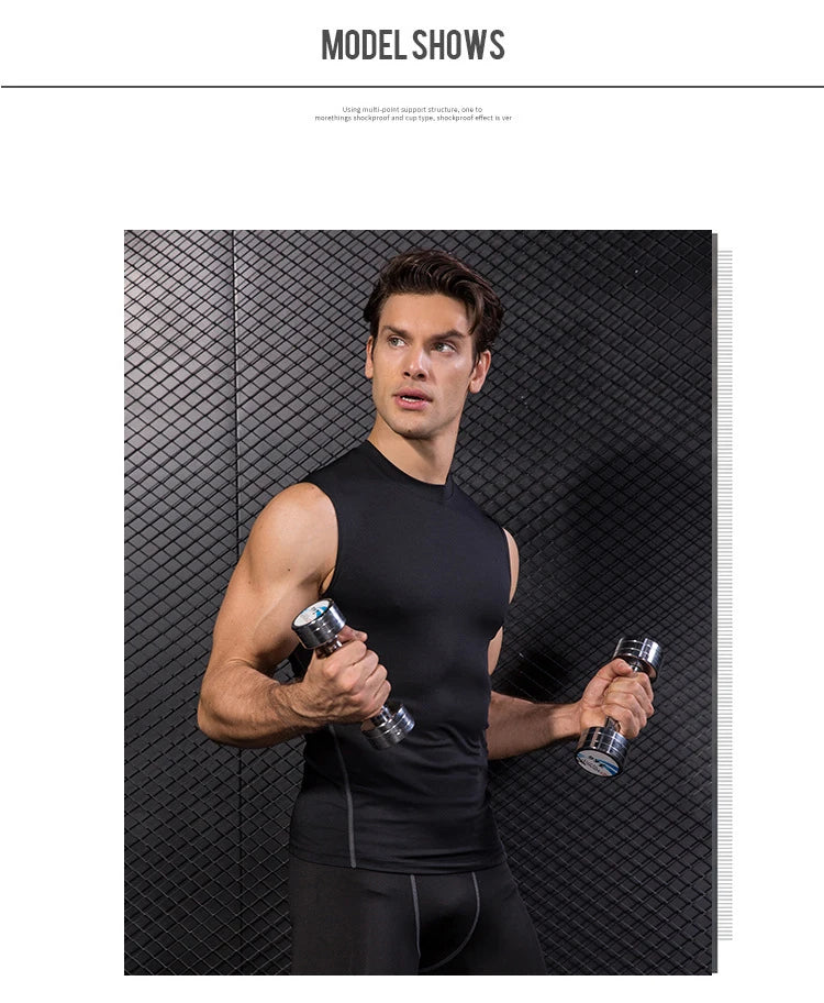 Model showcasing the Men’s 2025 Quick-Dry Sleeveless Fitness Vest, holding dumbbells in a gym setting.