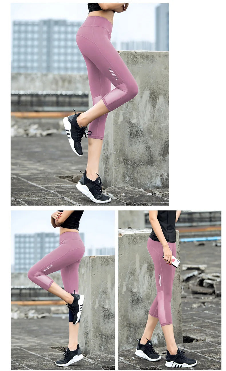 Model showcasing seamless high-waist mesh yoga leggings in pink, perfect for workouts and enhancing curves.