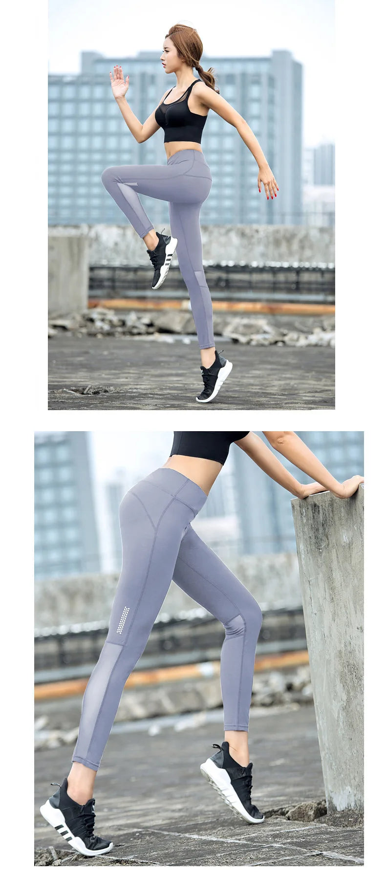 Seamless high-waist mesh yoga leggings in gray, showcasing a stylish athletic look and flexibility during workouts.