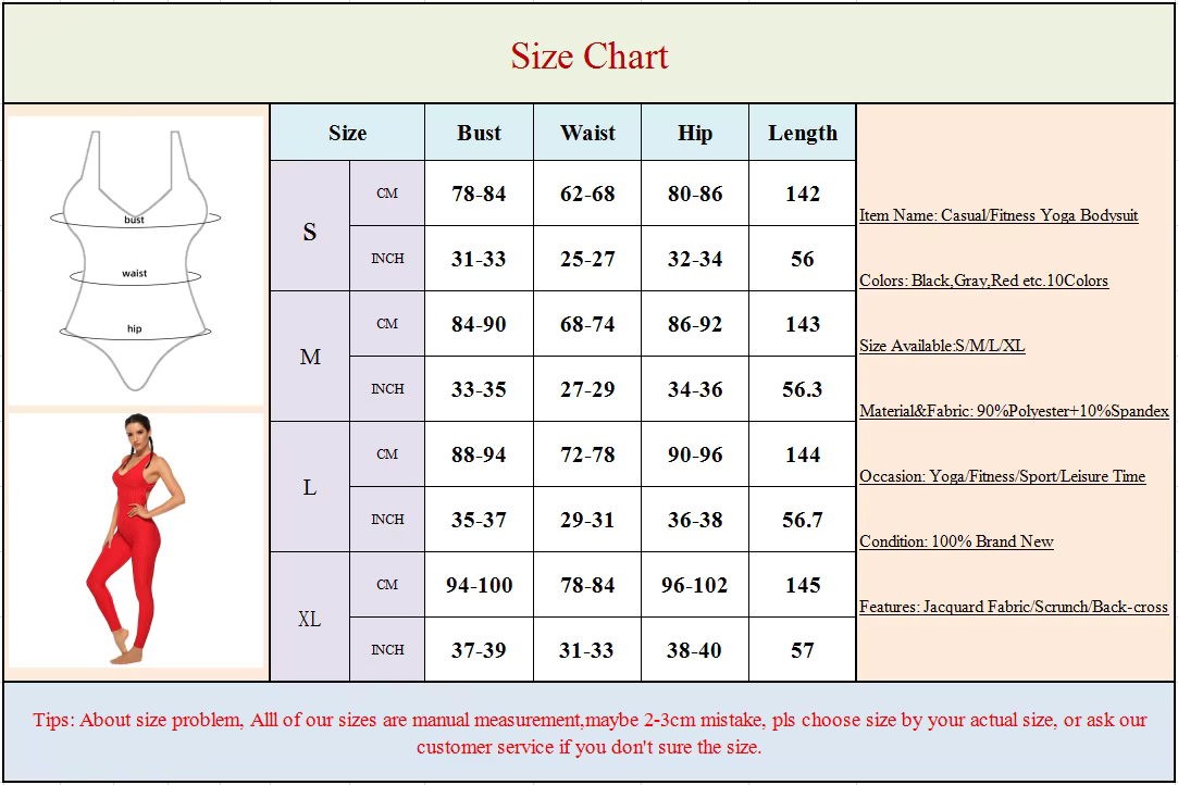 Size chart for Women's Casual Fitness Yoga Bodysuit, detailing sizes S to XL with measurements for bust, waist, hip, length.