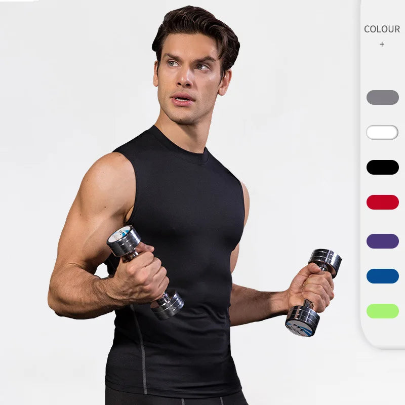 Man wearing a black sleeveless fitness vest, holding dumbbells, showcasing a workout look for summer performance.