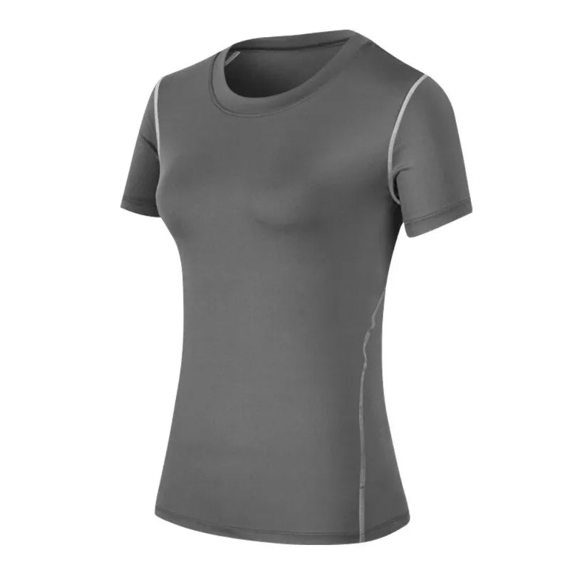 Women's quick drying fitness t-shirt in gray, designed for comfort and performance during workouts.