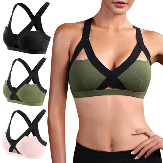 Fitness sports bra set in black, green, and pink, designed for high-impact support and comfort during workouts.