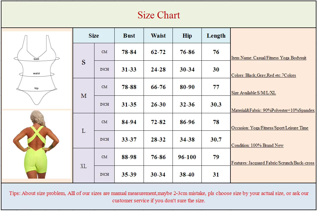 Size chart for Women's Casual Fitness Yoga Bodysuit with measurements for various sizes including bust, waist, and hip.