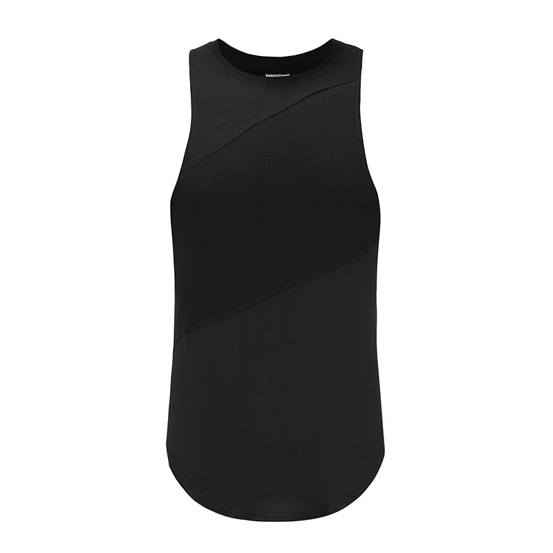 Men's black mesh cotton gym tank top with classic O-neck design, optimal for quick-dry and breathable training.