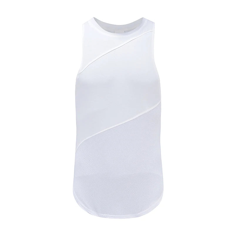 Men’s white mesh cotton gym tank top with sleeveless design for quick dry and breathable performance.