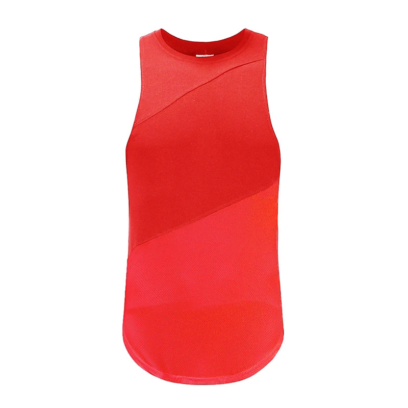 Men's red mesh cotton gym tank top with breathable fabric and classic O-neck design for optimal airflow.