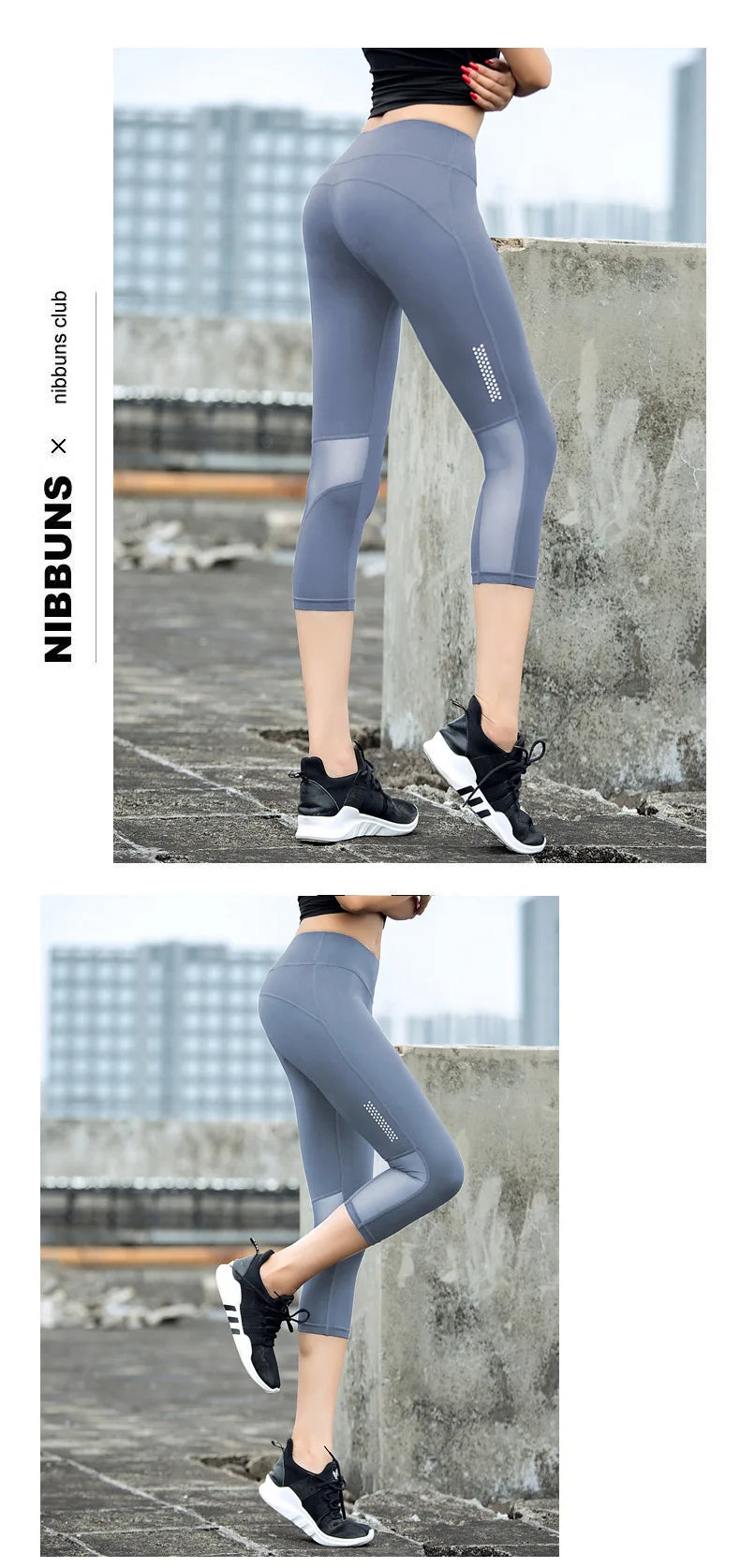 Model wearing gray high-waist mesh yoga leggings with stylish cutouts and sporty sneakers, showcasing a sleek fitness look.