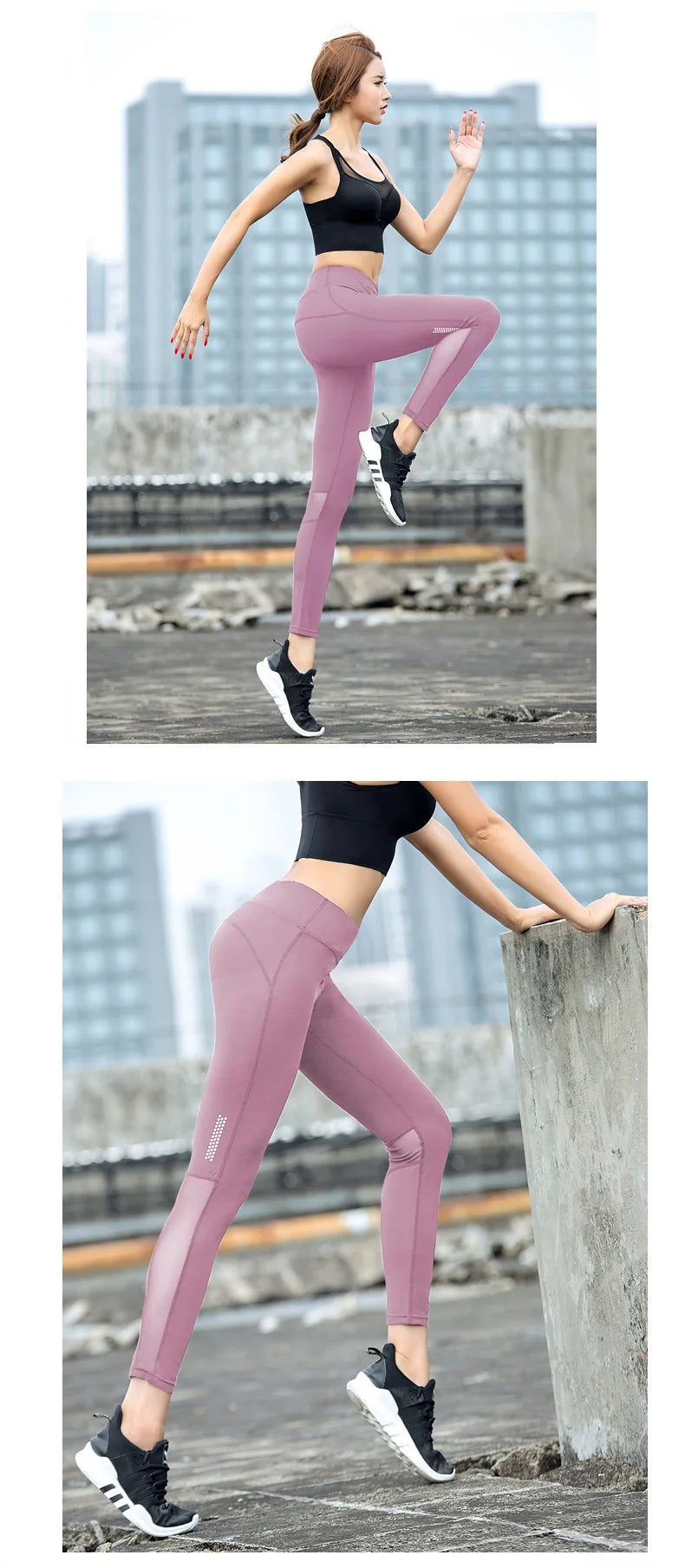 Model demonstrating Seamless High-Waist Mesh Yoga Leggings in pink, showcasing flexibility and style during workout.