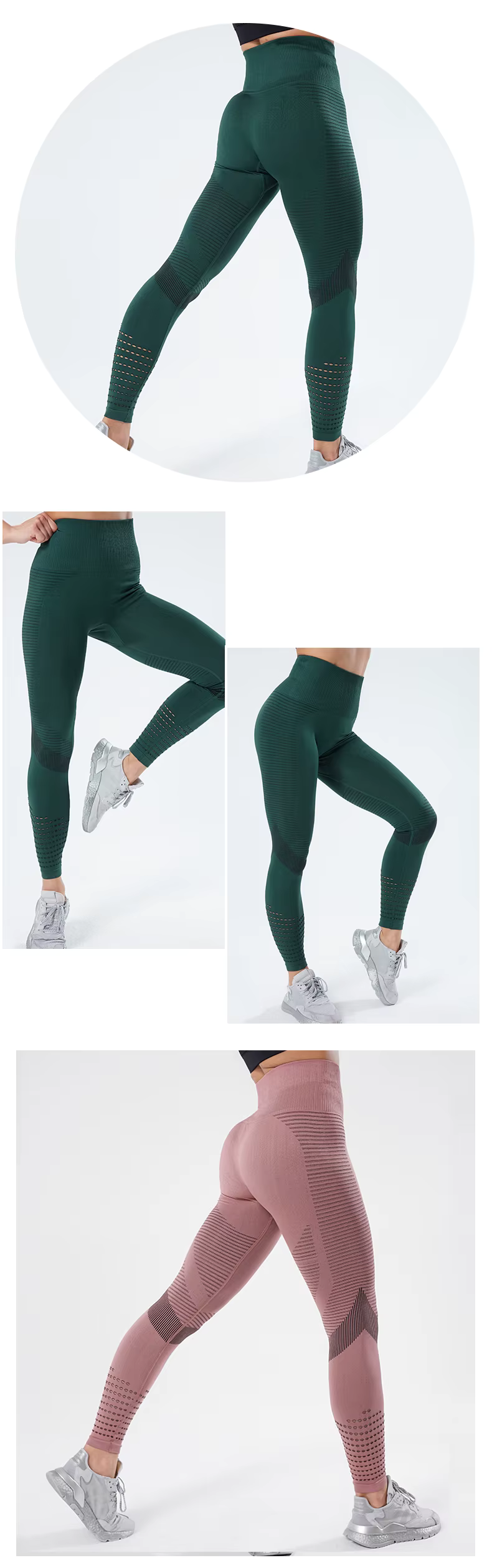 Women high waist seamless leggings in green and pink, designed for comfort and fitness performance during workouts.