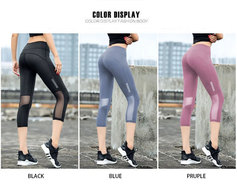 Color display of seamless high-waist mesh yoga leggings in black, blue, and purple styles, showcasing a sleek and breathable design.