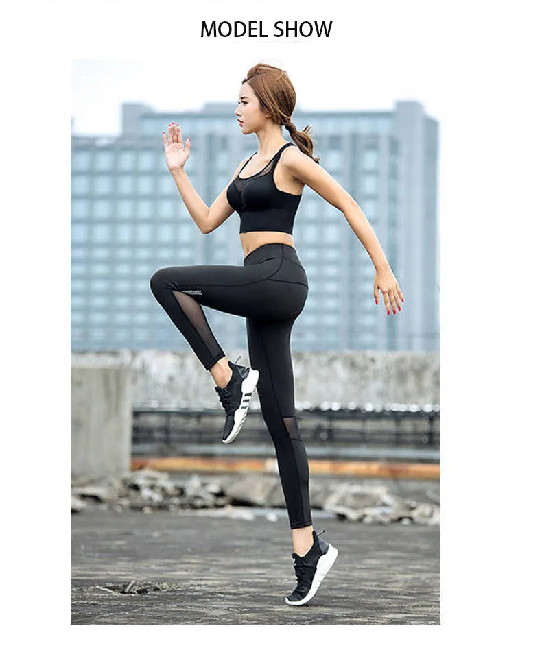 Model showcasing seamless high-waist mesh yoga leggings in action outdoors, demonstrating flexibility and style.