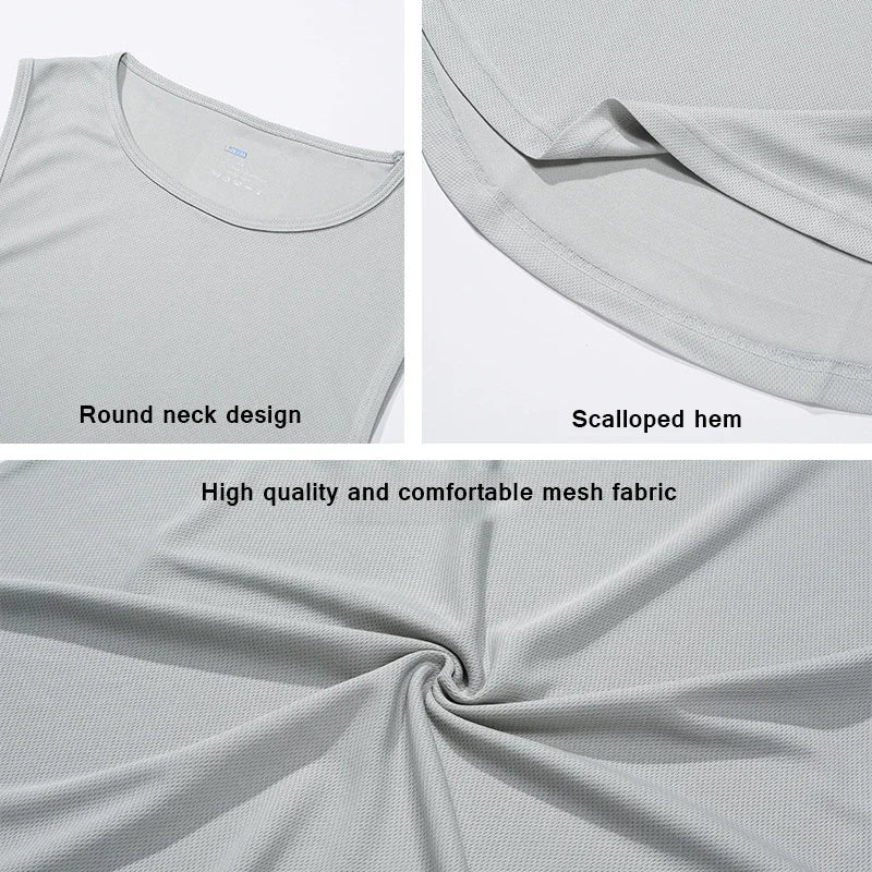 Summer men's running vest with round neck design and scalloped hem, made from breathable mesh fabric.