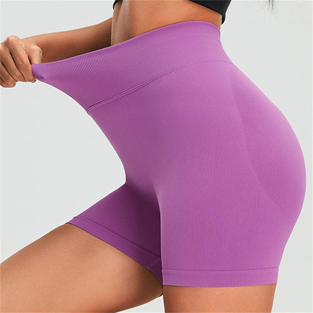 2025 High Waist Scrunch Butt Yoga Shorts in purple, showcasing a smooth, stretchy fit that lifts and sculpts.
