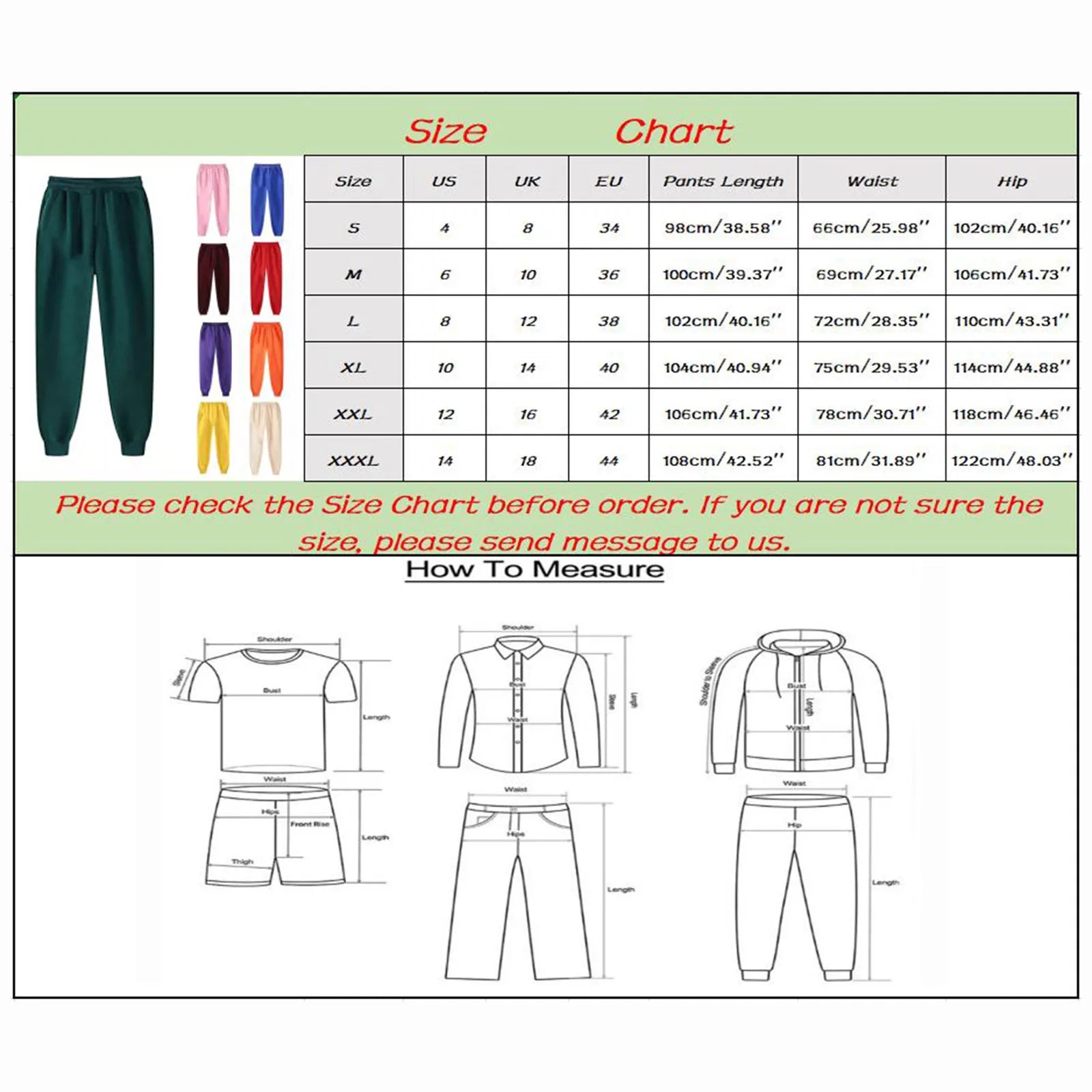 Men's joggers size chart with measurements for waist, hip, and pants length in multiple colors.