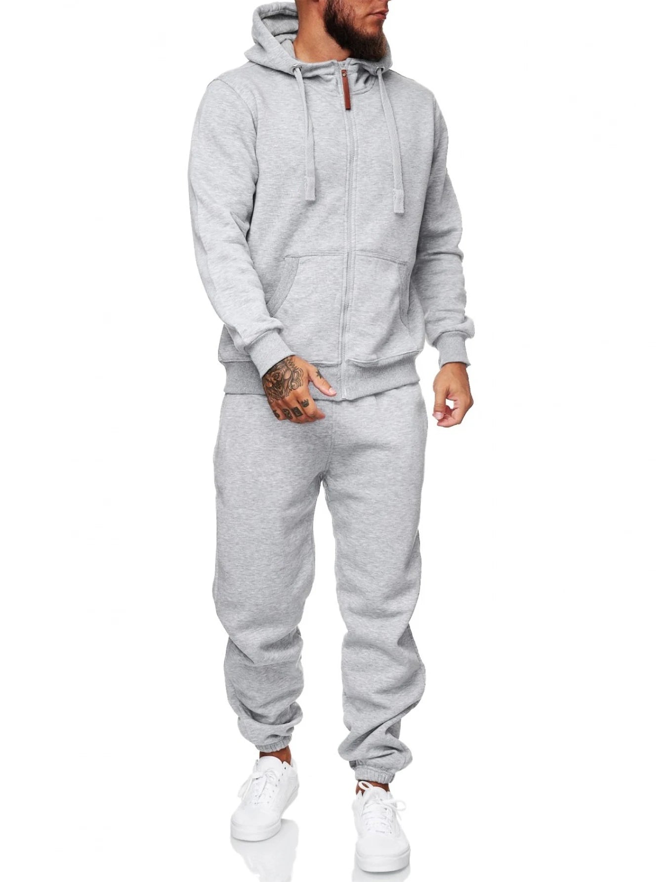 Men’s 2-piece tracksuit set featuring a zip-up hoodie and jogger pants in grey, ideal for casual wear and workouts.