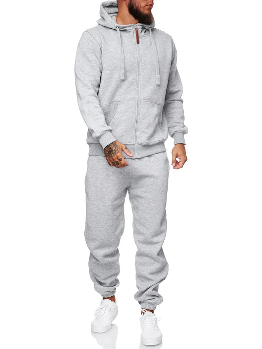 Men’s 2-piece tracksuit set featuring a zip-up hoodie and jogger pants in grey, ideal for casual wear and workouts.