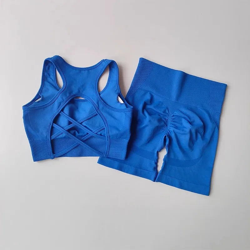 2-Piece Seamless Yoga Set in blue, featuring a sleeveless sports bra and high-waisted shorts for activewear.
