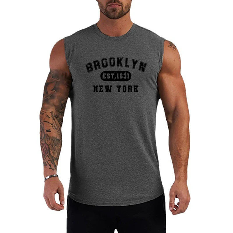 Men's sleeveless gray tank top with Brooklyn graphic print, perfect for summer workouts and bodybuilding.