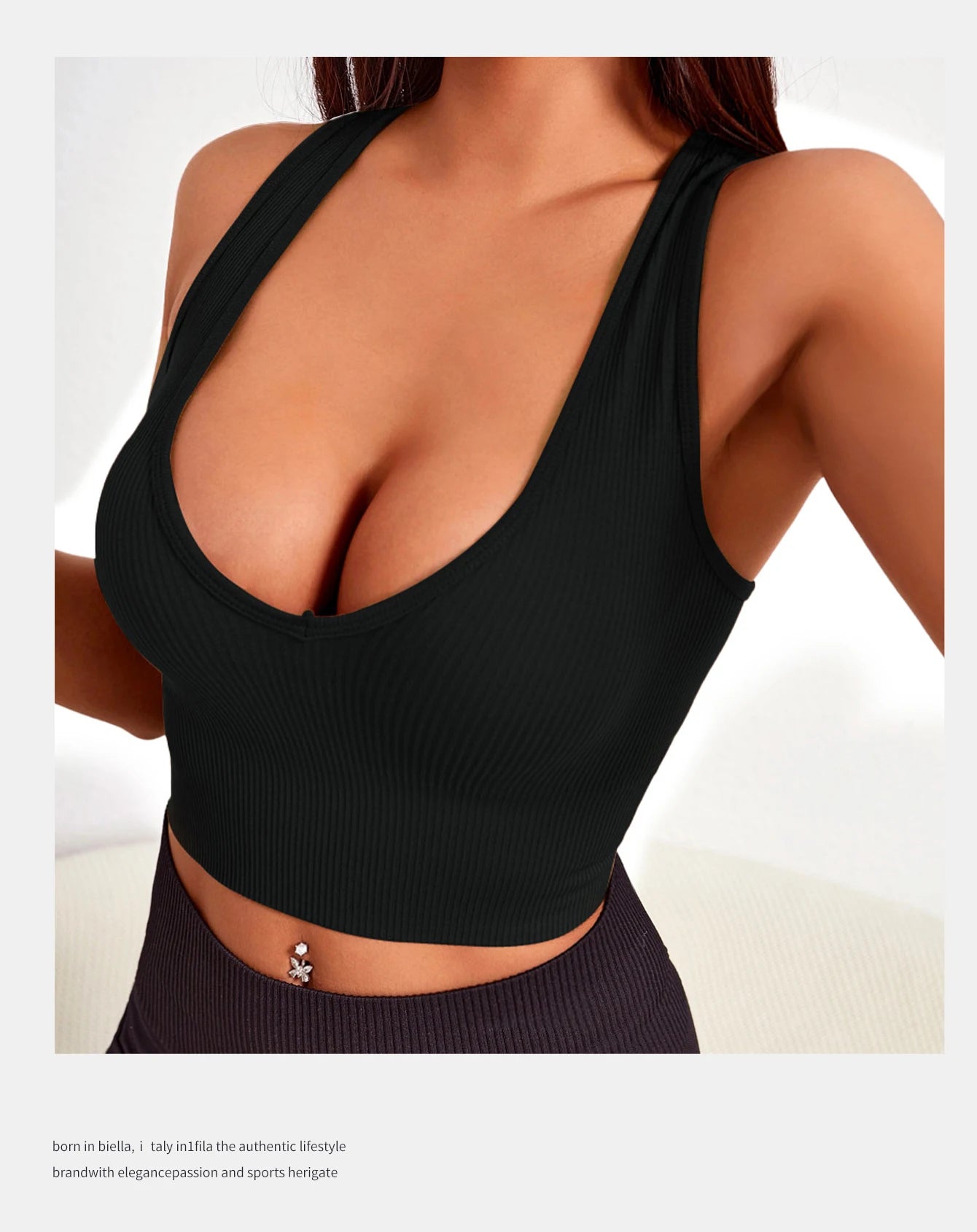Seamless ribbed yoga vest in black, featuring a deep V-neck design for comfort and breathability during workouts.