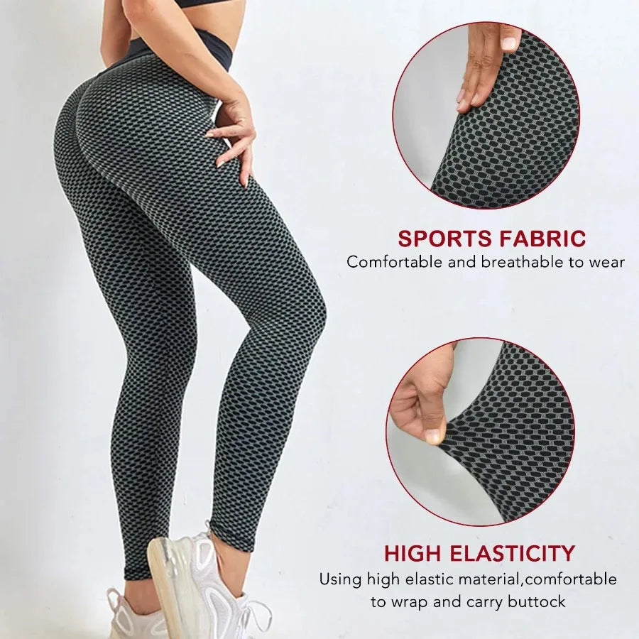 Women in high waist sports leggings showcasing scrunch design and high elasticity for workouts.