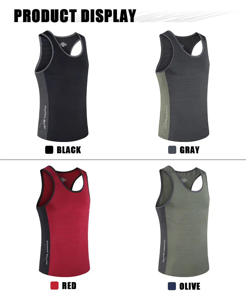 Men’s lightweight sleeveless running gym shirts in black, gray, red, and olive colors displayed side by side.
