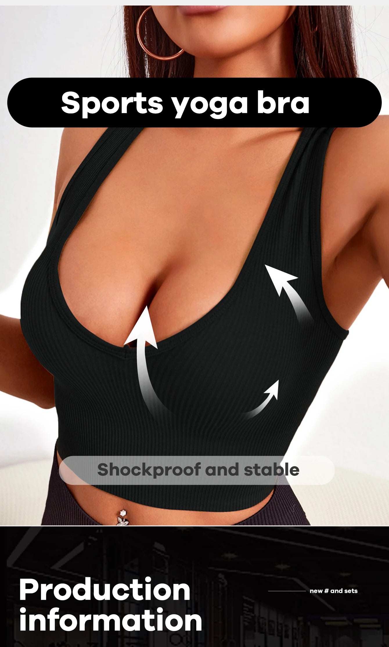 Close-up of a seamless sports yoga bra demonstrating shockproof fit and stylish design for activewear.