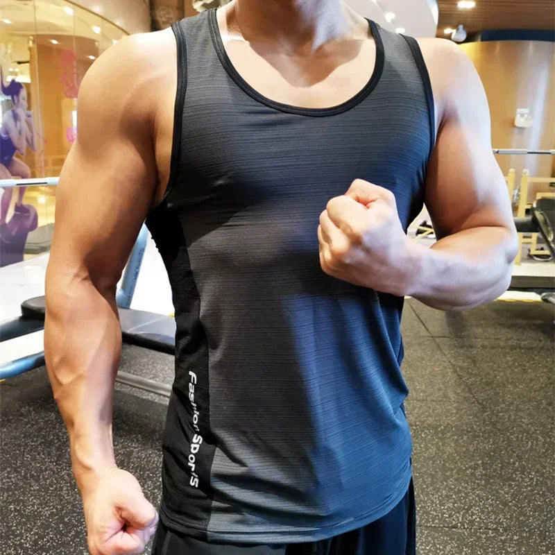 Men's lightweight sleeveless gym shirt showing muscular build, perfect for workouts and summer training in the gym.