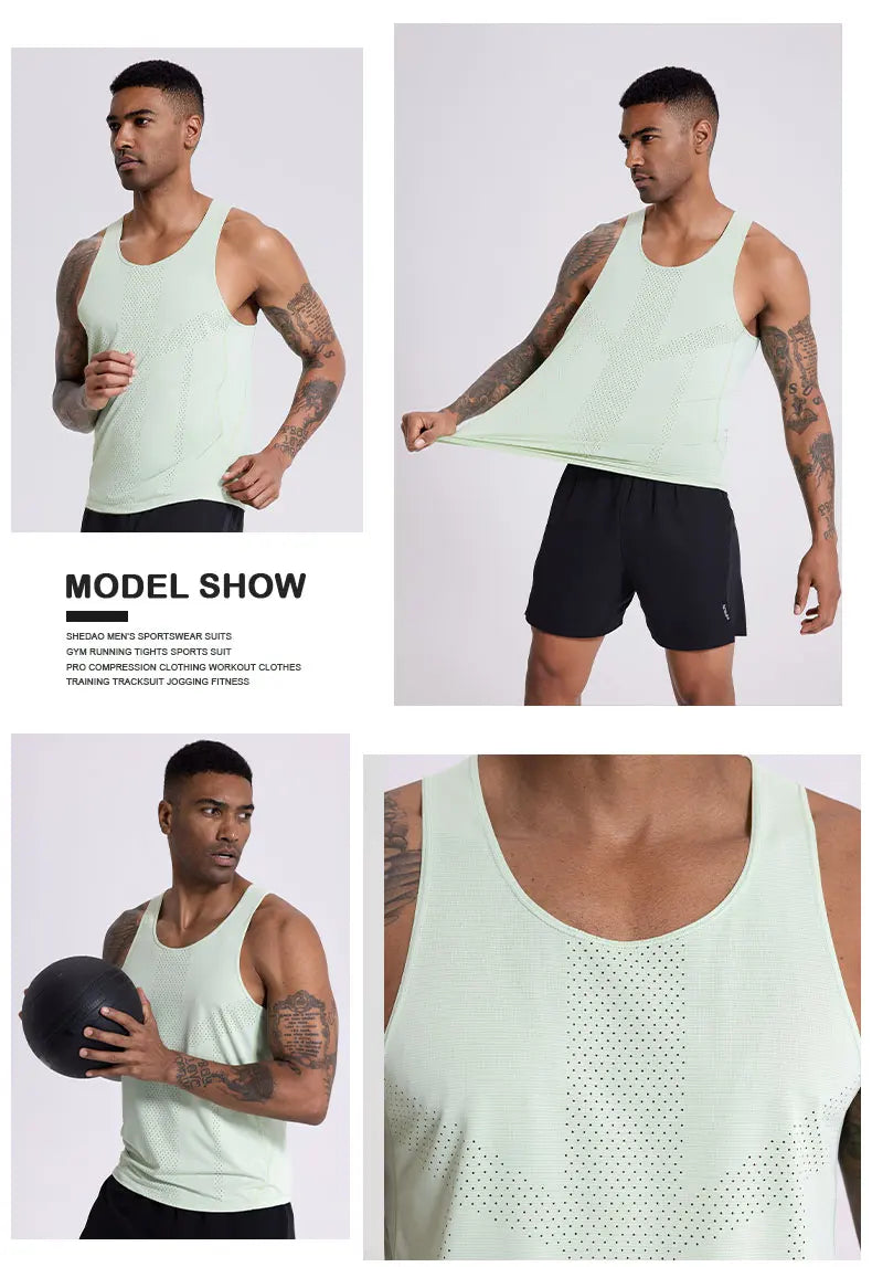 Model wearing Men’s Quick-Dry Sleeveless Basketball Shirt, showcasing breathable fabric and athletic fit.