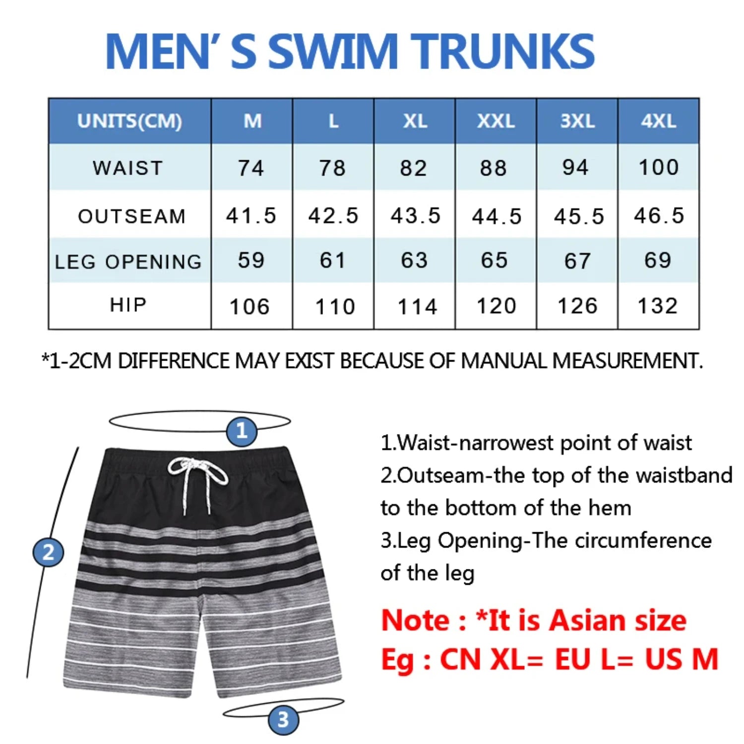 Men's swim trunks size chart showing waist, outseam, leg opening, and hip measurements in centimeters.