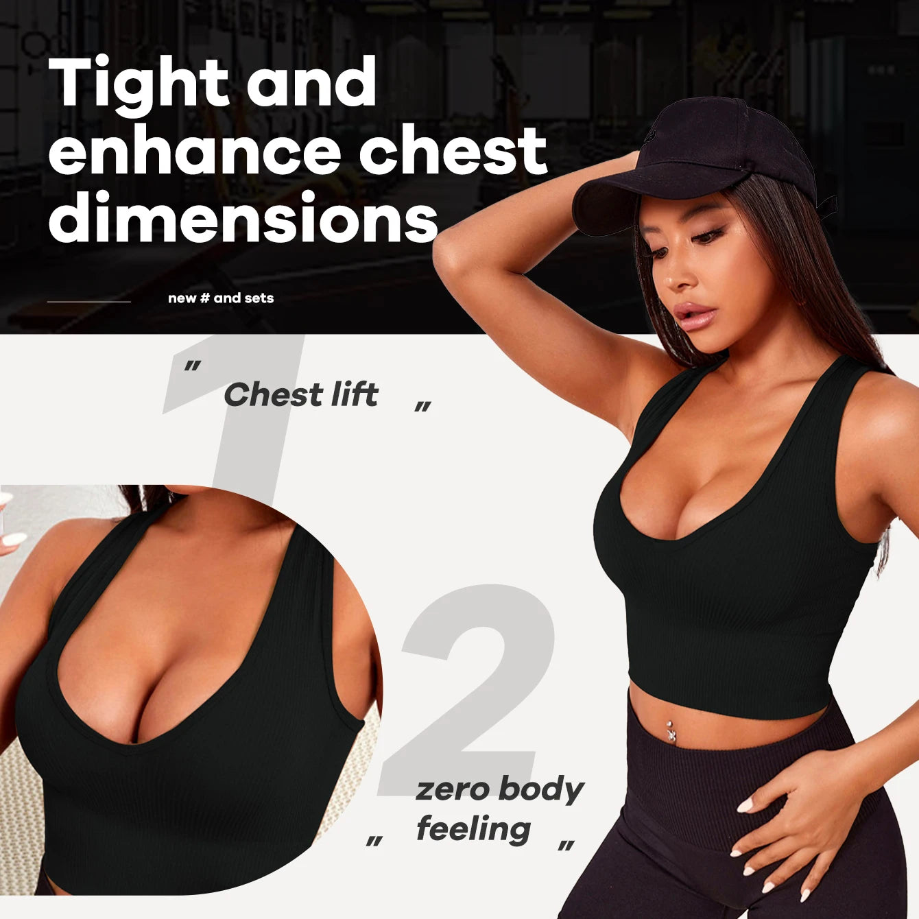 Model wearing a black seamless ribbed yoga vest showcasing comfort and chest enhancement for workouts.
