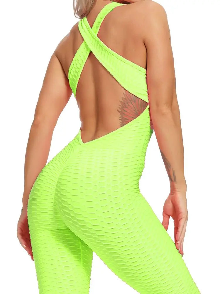 Women's sleeveless backcross bodysuit in neon green, showcasing unique back design and fitted silhouette.