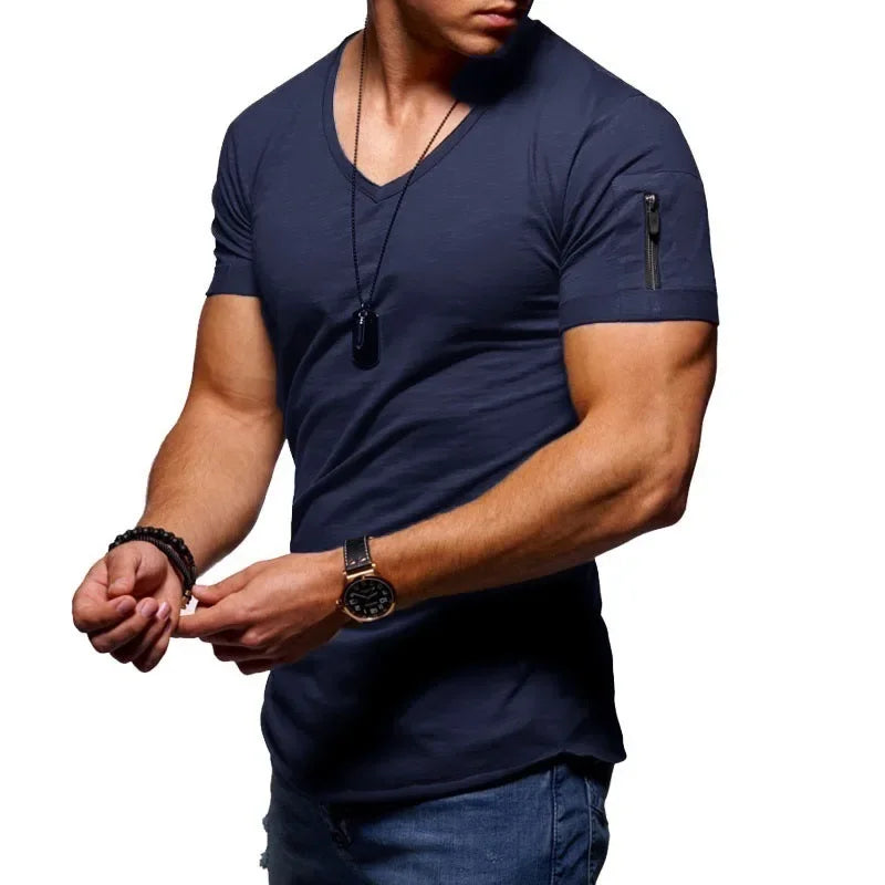 2025 Men's V-Neck Quick-Dry Running T-Shirt in navy with stylish design and breathable fabric for performance.