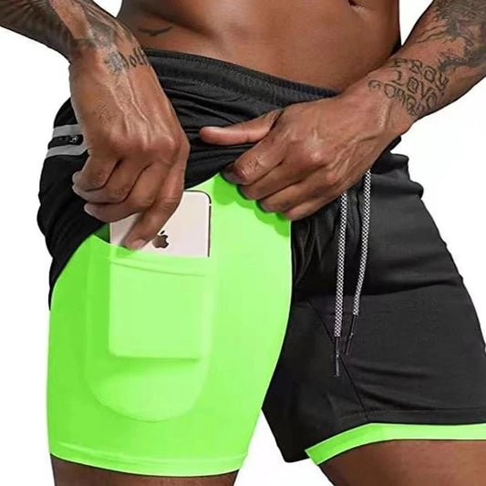 Men's Double-Decker Running Shorts with a neon green pocket, showcasing comfort and style for athletes.