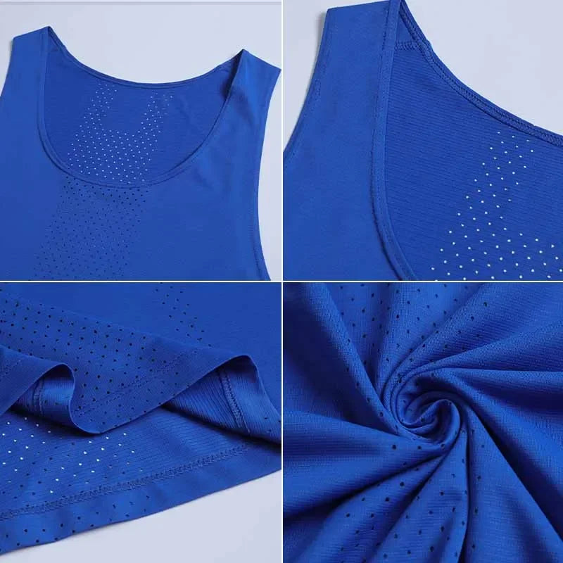 Men's quick-dry sleeveless basketball workout shirt in blue, showcasing breathable fabric and stylish design.